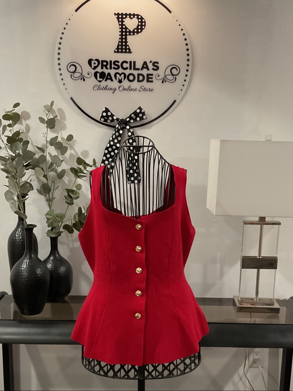 Red Peplum Button Tank Top - Picture 2 of 7